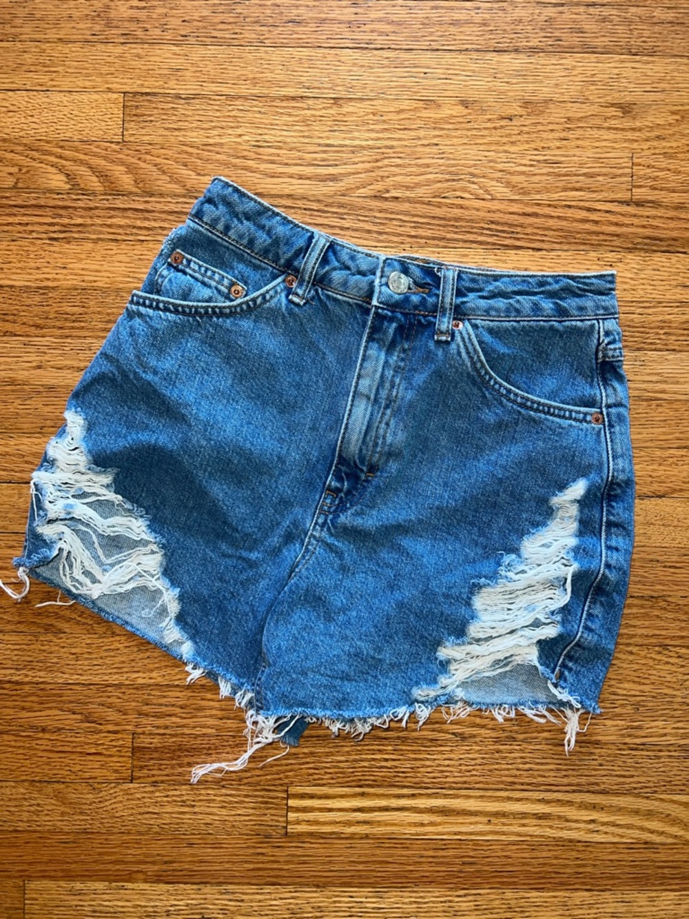 Topshop Distressed High-Waist Denim Shorts - Blue